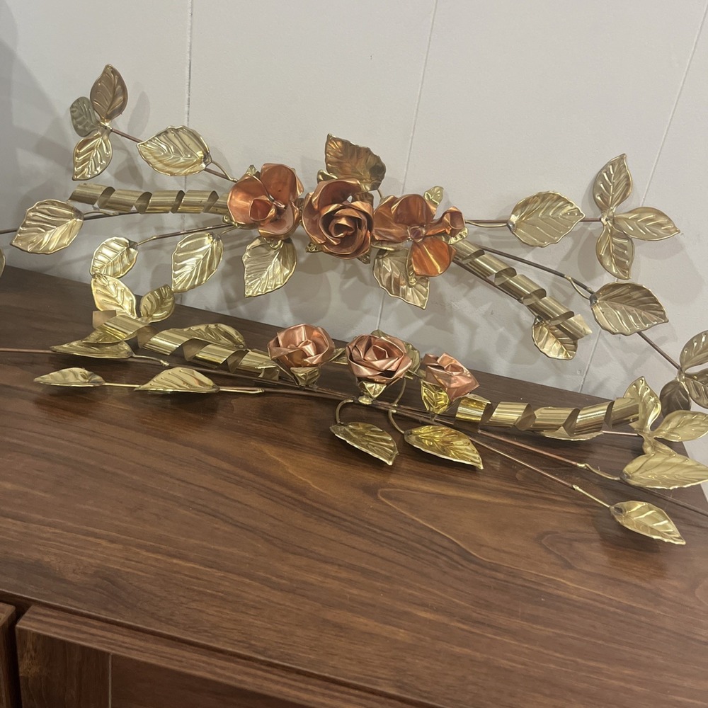 Homco Floral Copper Brass Metal Roses Wall Decor 2 pc Floral Hanging 70s MCM 28"
